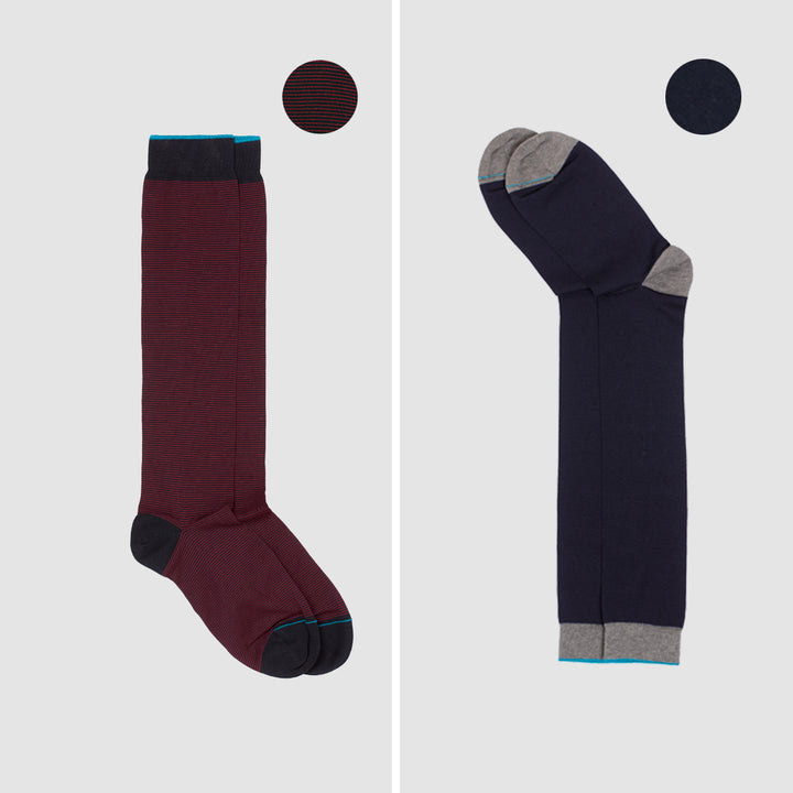 2- kit Long Socks blue-burgundy mixed pattern