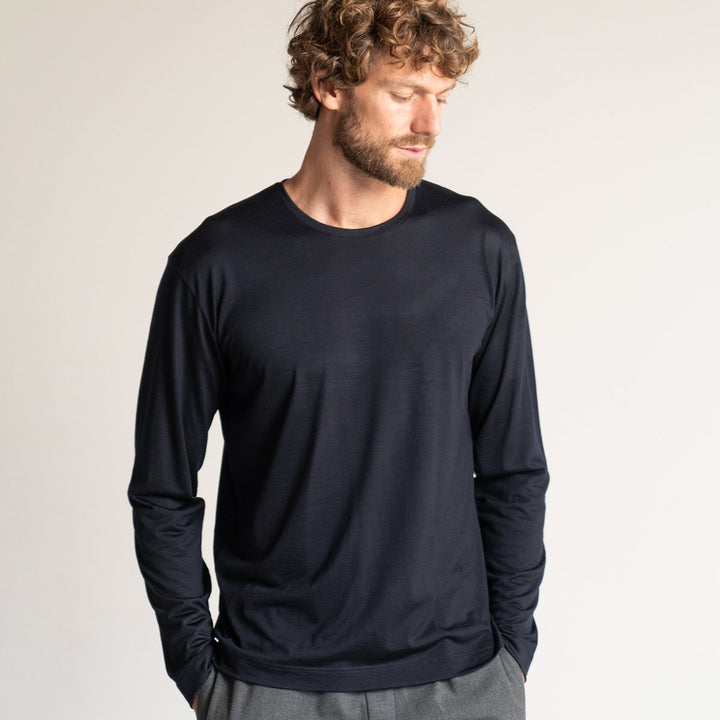 T-Shirt in lana Manica Lunga - blu -