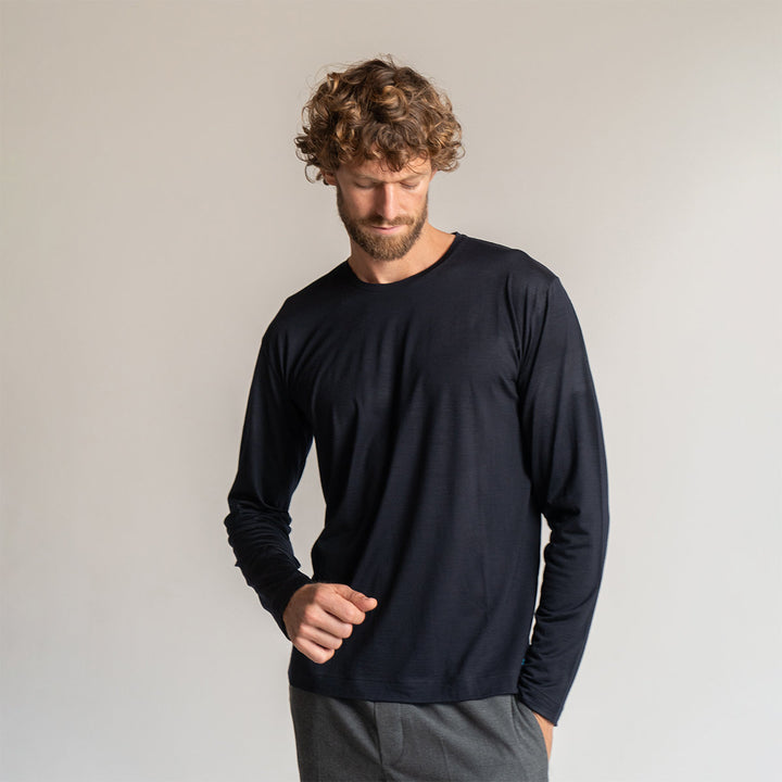 T-Shirt in lana Manica Lunga - blu -