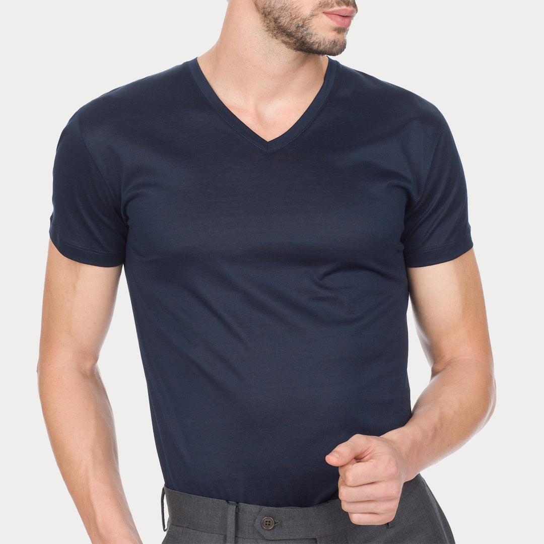 T-Shirt Manica Corta Scollo V - blu -
