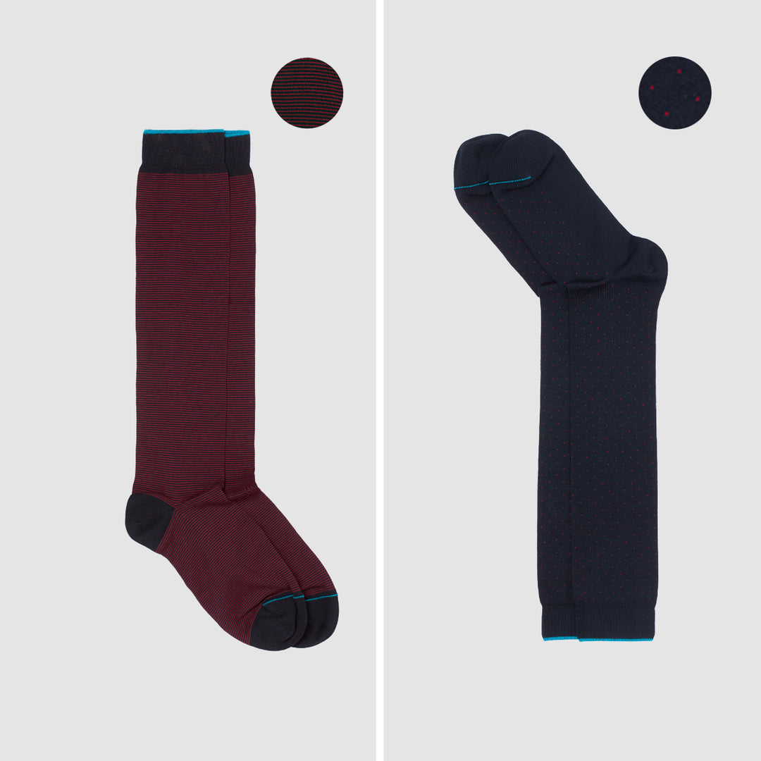 2- kit Long Socks blue-burgundy mixed pattern